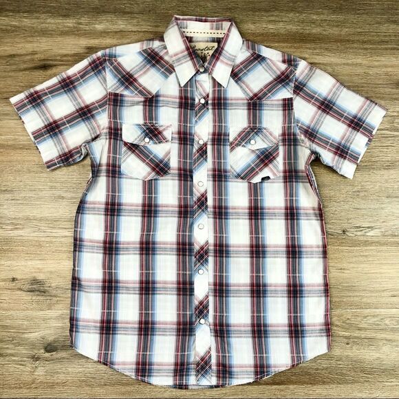 Coastal Plaid Red White and Blue Button Snap Shirt sz M - Picture 2 of 9